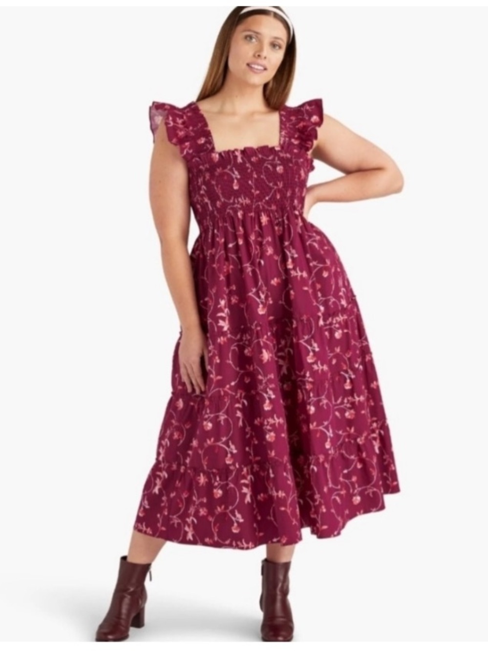 Hill House Ellie Burgundy Pink Floral Nap Midi Dress XL Smocked Tiered Like New - Picture 4 of 13